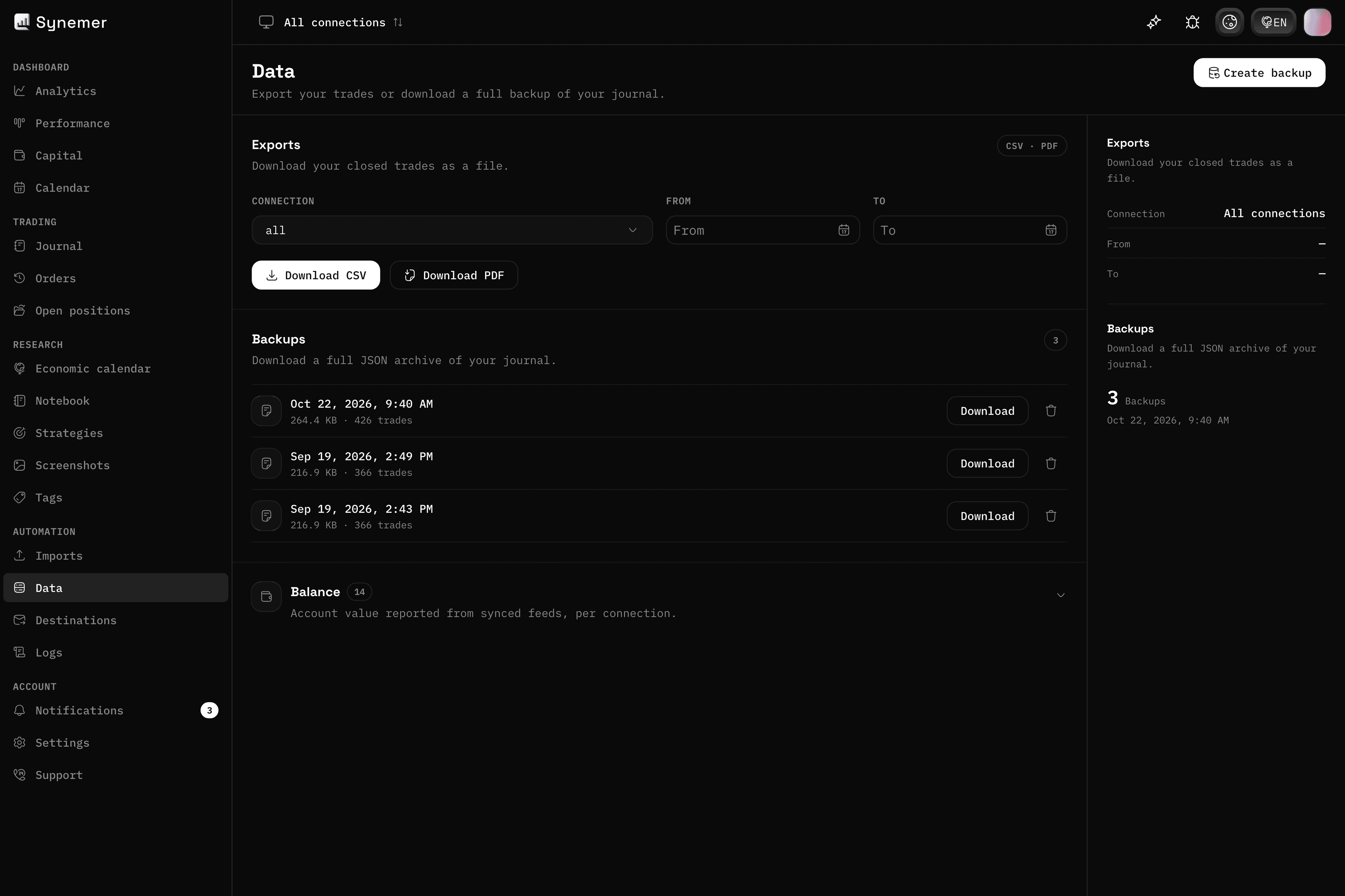 CSV と PDF のエクスポートオプションとバックアップを表示する Synemer のデータページ
