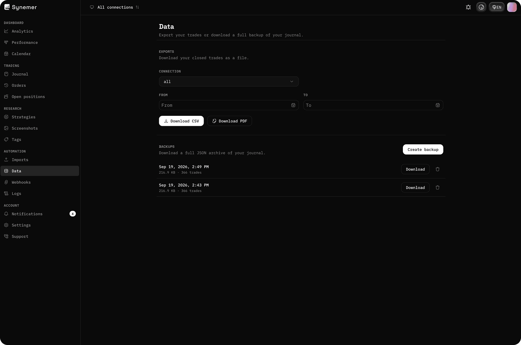 Synemer-Datenseite mit CSV- und PDF-Exportoptionen und Backups