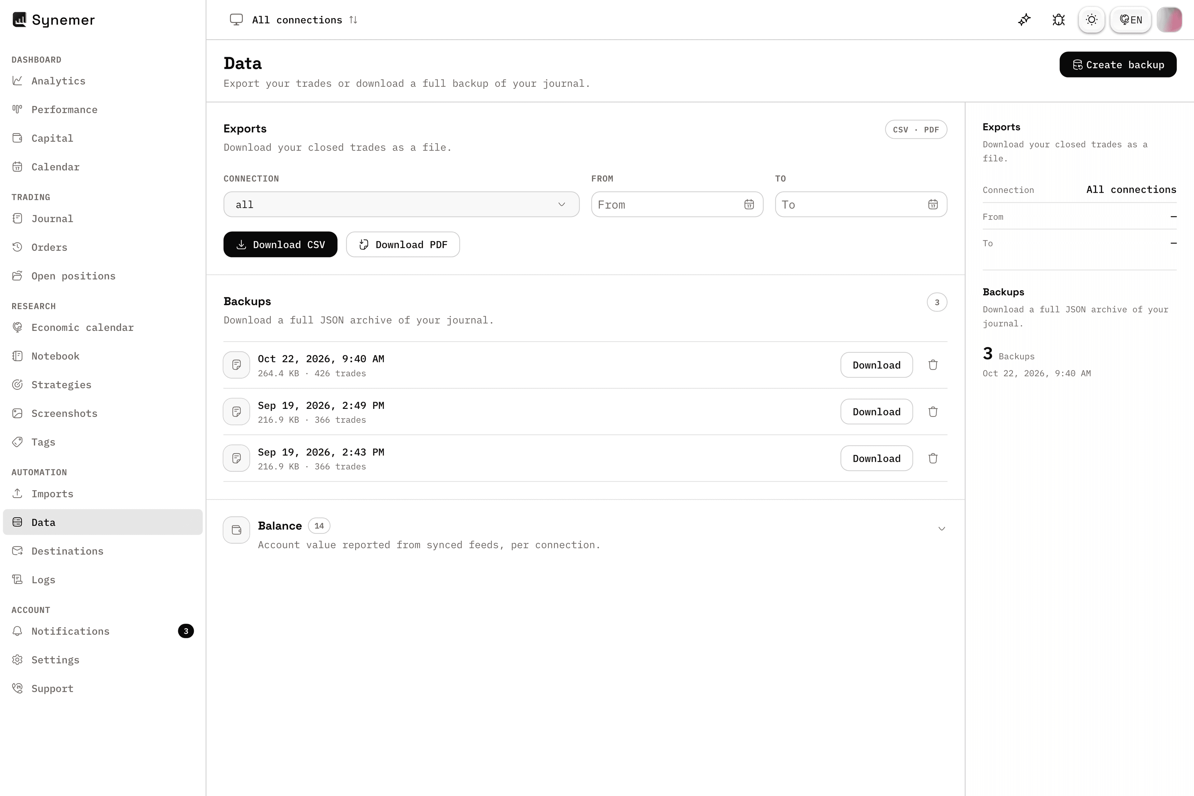 CSV と PDF のエクスポートオプションとバックアップを表示する Synemer のデータページ