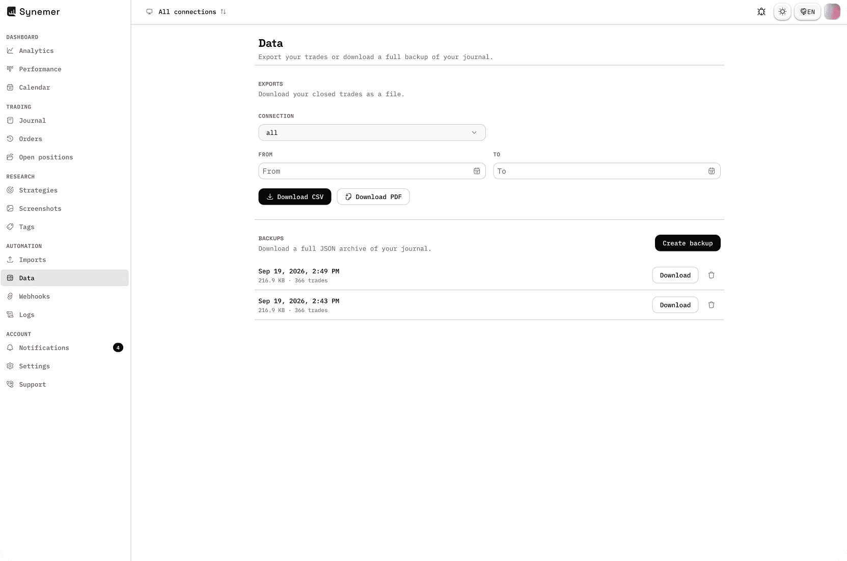 Synemer-Datenseite mit CSV- und PDF-Exportoptionen und Backups