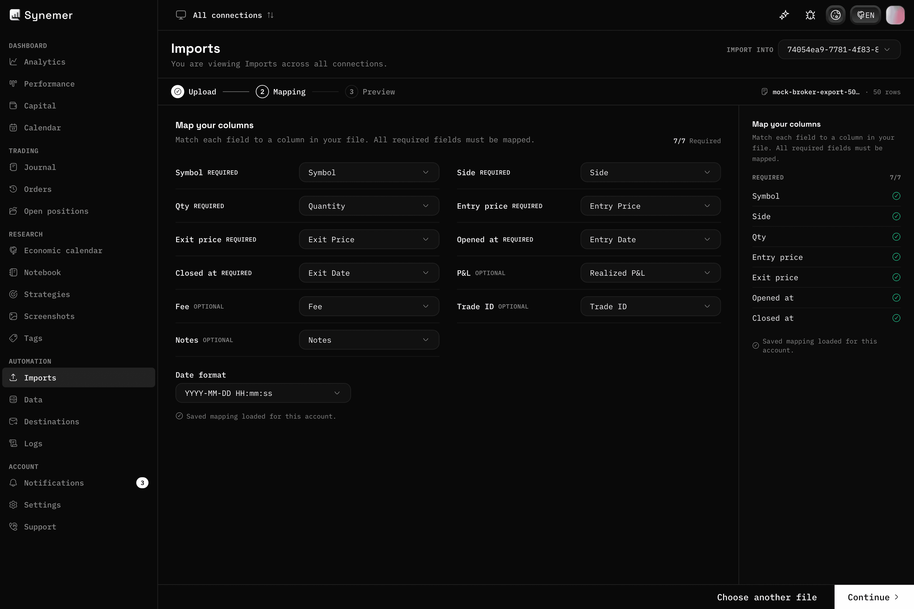列をマッピングする Synemer の CSV インポートウィザード