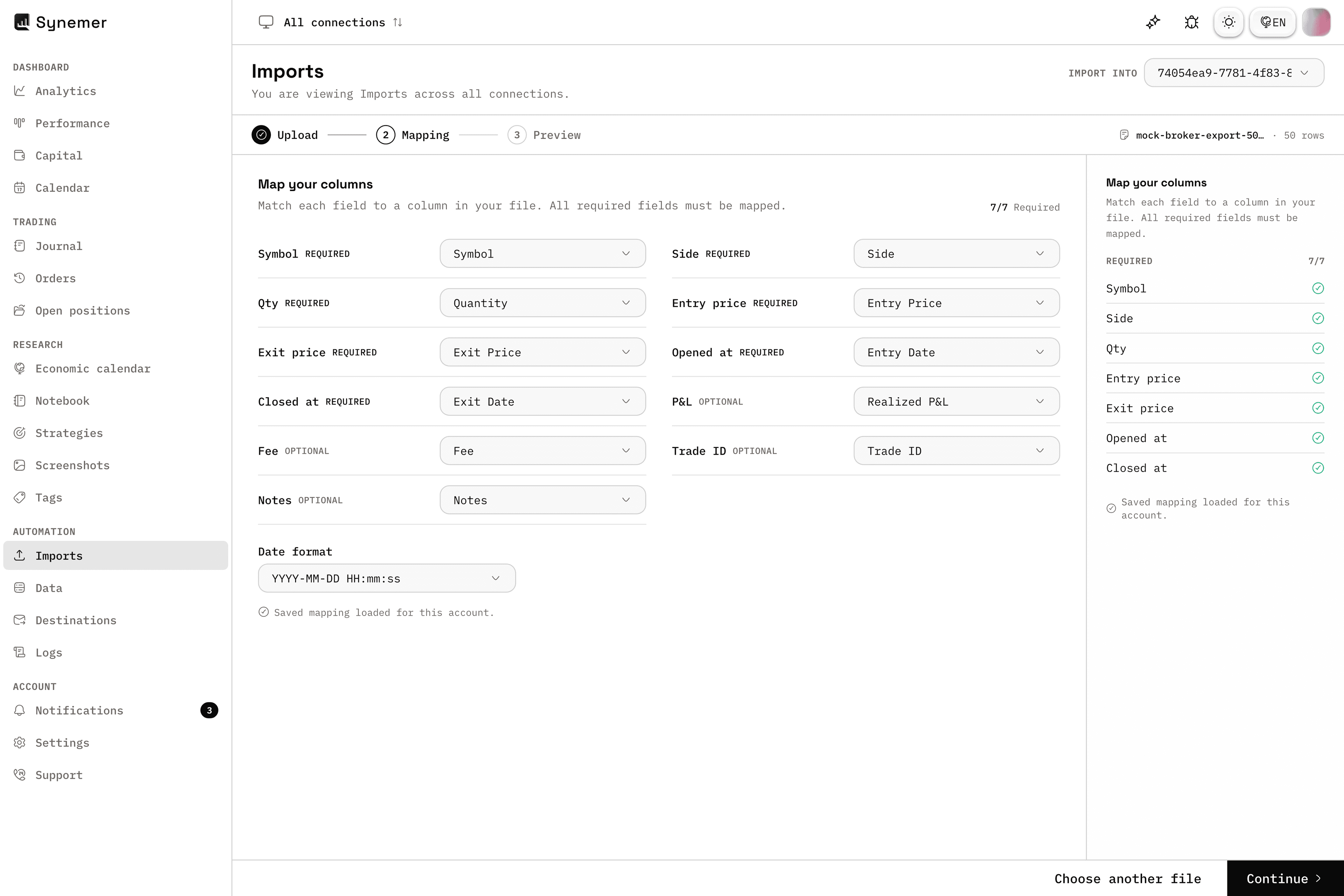 列をマッピングする Synemer の CSV インポートウィザード