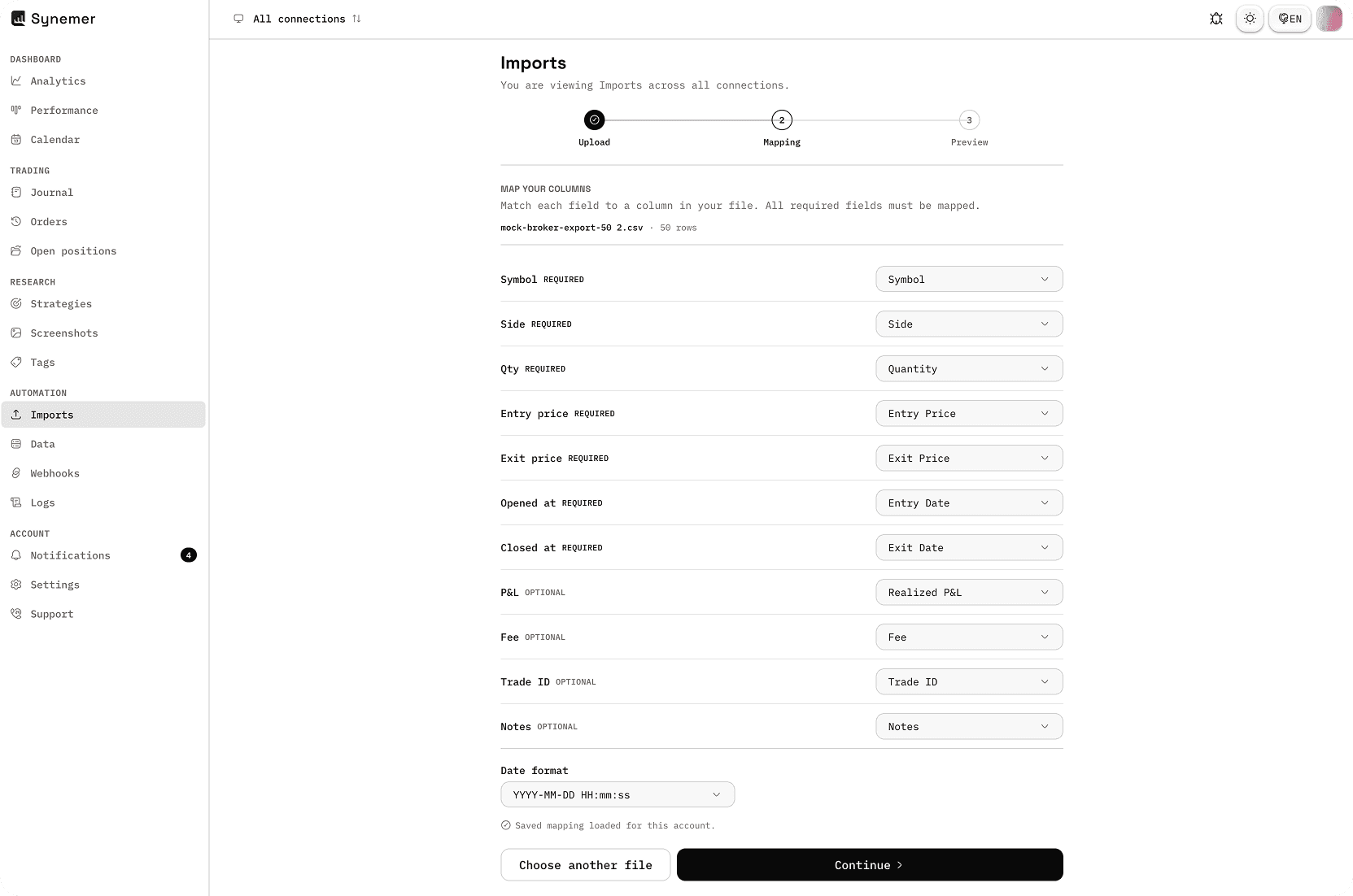 Synemer-CSV-Import-Assistent mit Spalten-Mapping